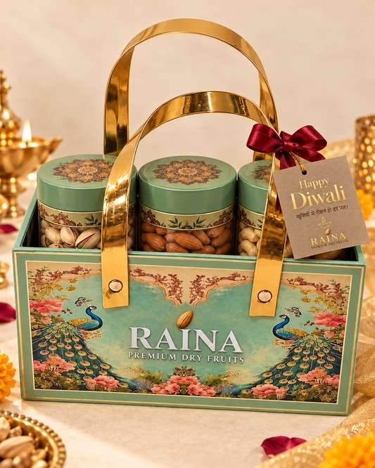 Raina Peacock Heritage Three-Jar Premium Dry Fruit Gift Hamper- 600 g